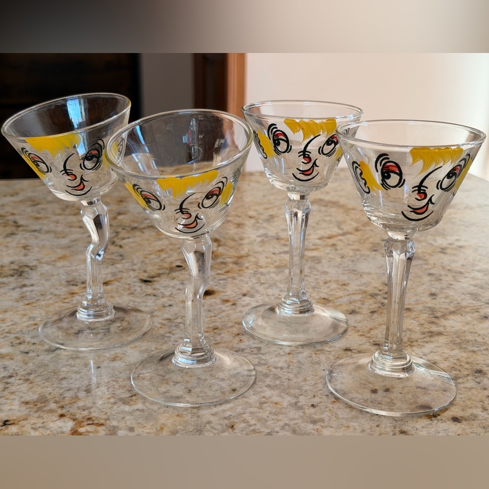 4 Vintage Gay Fad Studios cocktail glasses with painted faces